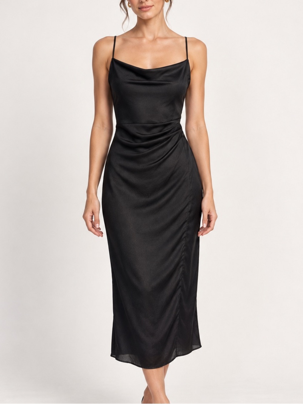 Re:named Black Satin Cowl Neck Midi Dress